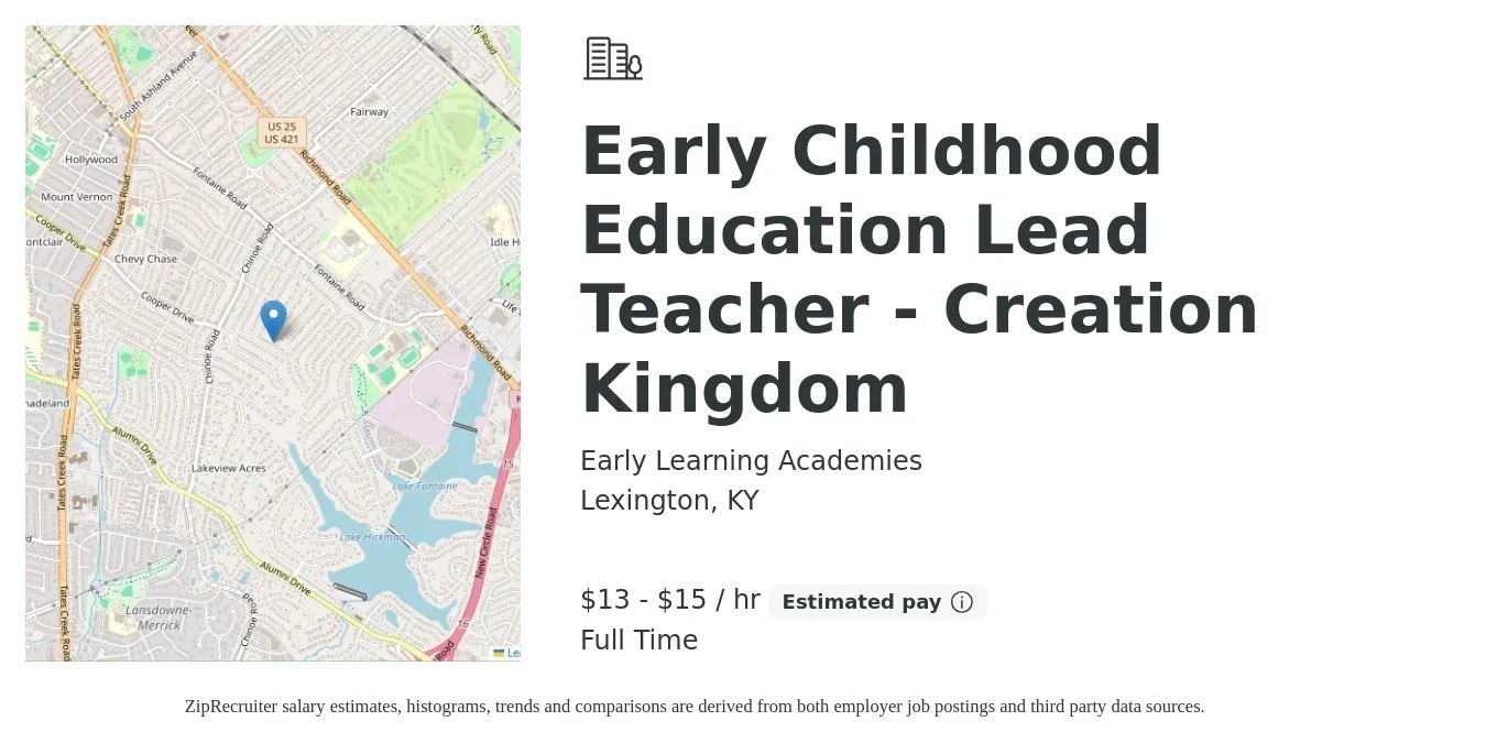 Early Learning Academies job posting for a Early Childhood Education Lead Teacher - Creation Kingdom in Lexington, KY with a salary of $14 to $16 Hourly with a map of Lexington location.