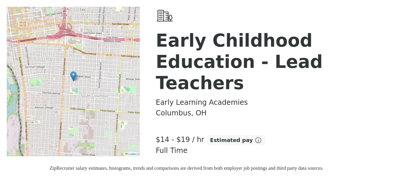 Early Learning Academies job posting for a Early Childhood Education - Lead Teachers in Columbus, OH with a salary of $16 to $20 Hourly with a map of Columbus location.