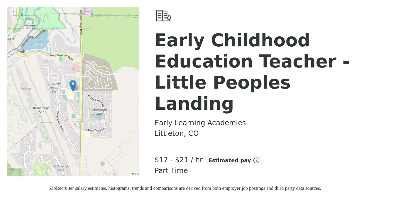 Early Learning Academies job posting for a Early Childhood Education Teacher - Little Peoples Landing in Littleton, CO with a salary of $18 to $22 Hourly with a map of Littleton location.