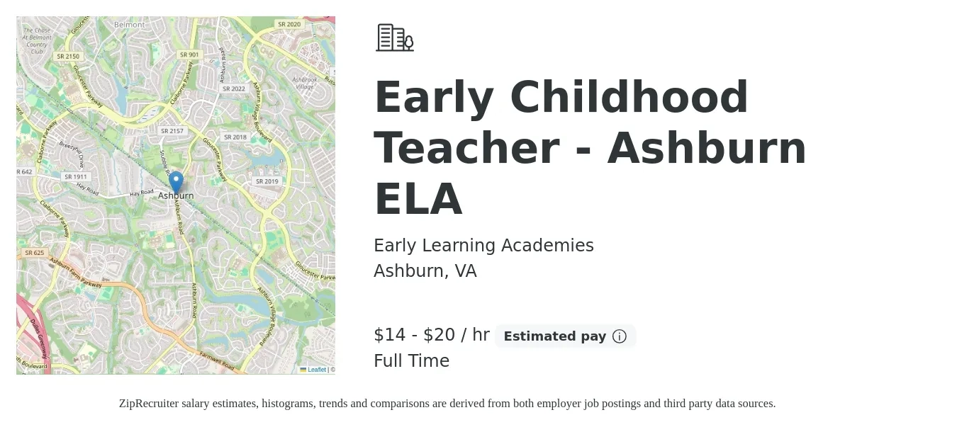 Early Learning Academies job posting for a Early Childhood Teacher - Ashburn ELA in Ashburn, VA with a salary of $15 to $21 Hourly with a map of Ashburn location.