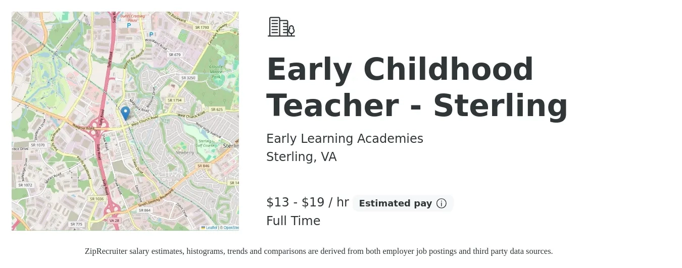 Early Learning Academies job posting for a Early Childhood Teacher - Sterling in Sterling, VA with a salary of $14 to $20 Hourly with a map of Sterling location.
