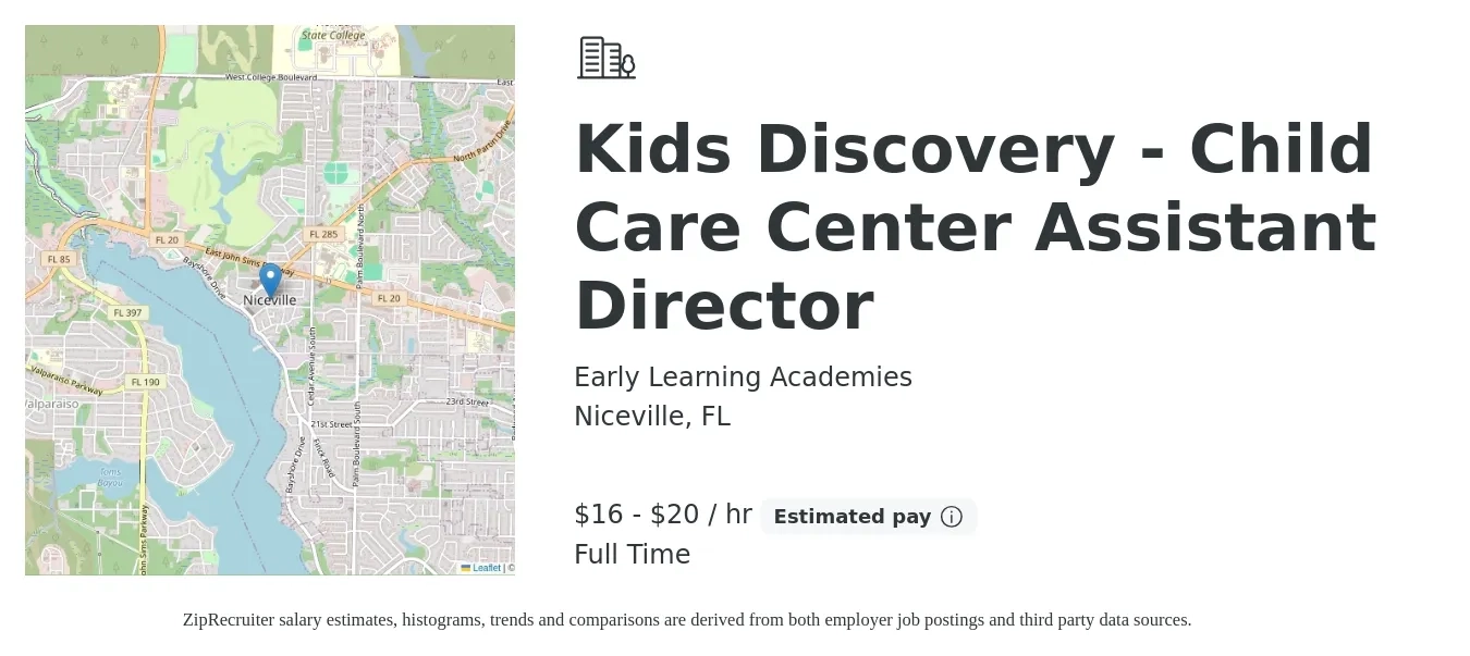 Early Learning Academies job posting for a Kids Discovery - Child Care Center Assistant Director in Niceville, FL with a salary of $36,000 to $44,000 Yearly with a map of Niceville location.