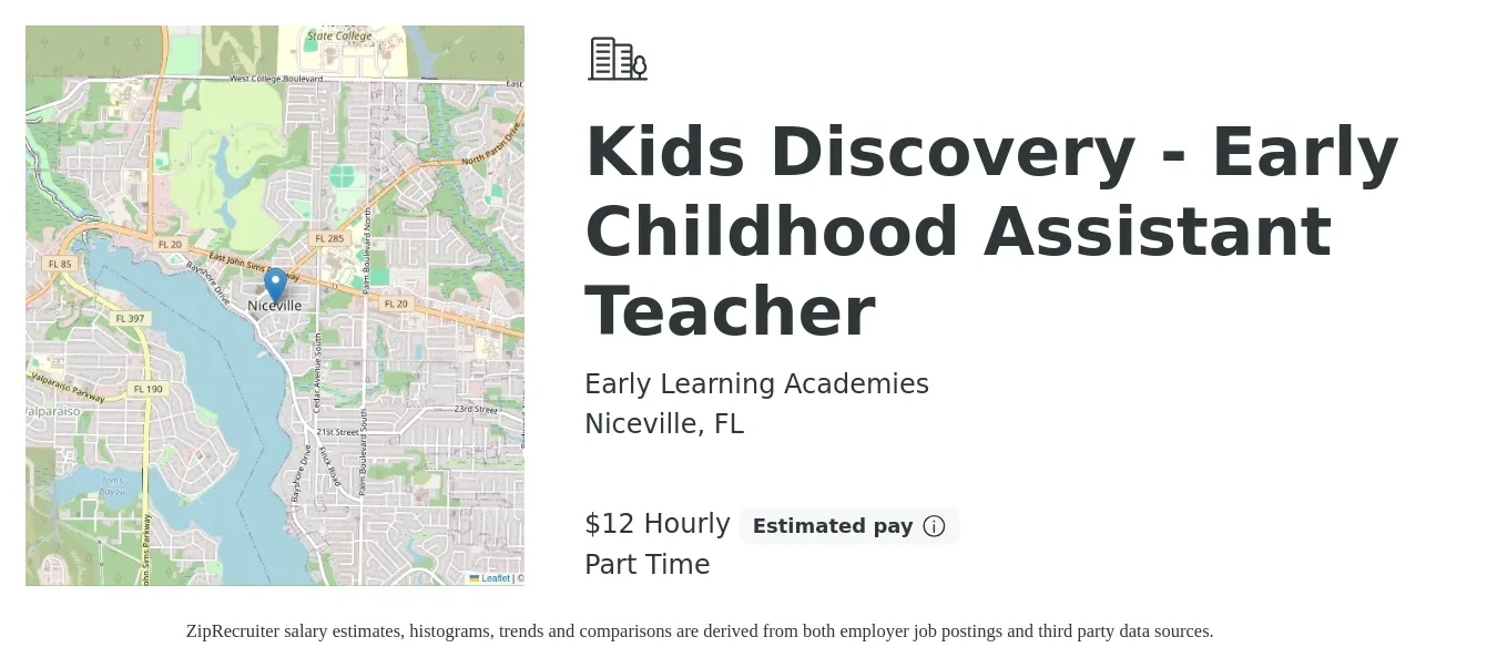 Early Learning Academies job posting for a Kids Discovery - Early Childhood Assistant Teacher in Niceville, FL with a salary of $12 to $14 Hourly with a map of Niceville location.