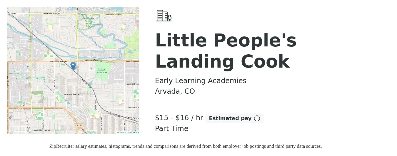Early Learning Academies job posting for a Little People's Landing Cook in Arvada, CO with a salary of $16 to $17 Hourly with a map of Arvada location.