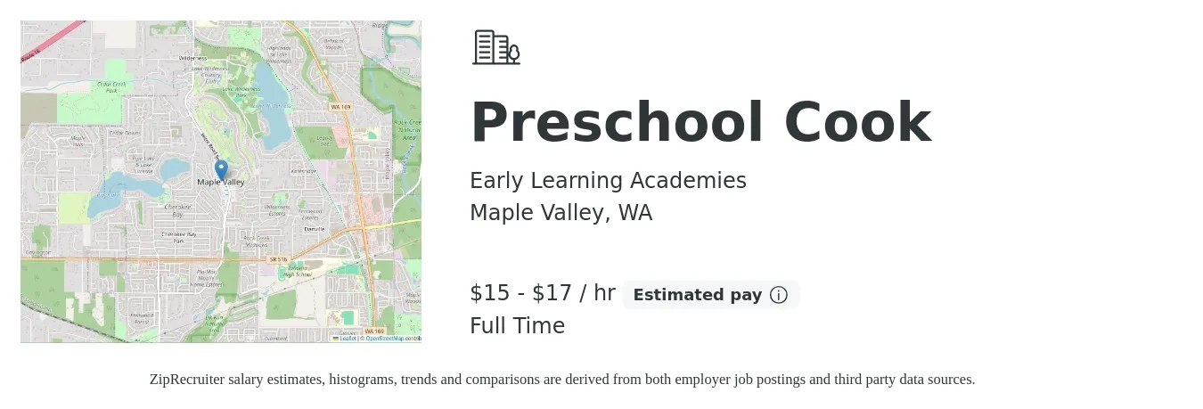 Early Learning Academies job posting for a Preschool Cook in Maple Valley, WA with a salary of $16 to $18 Hourly with a map of Maple Valley location.