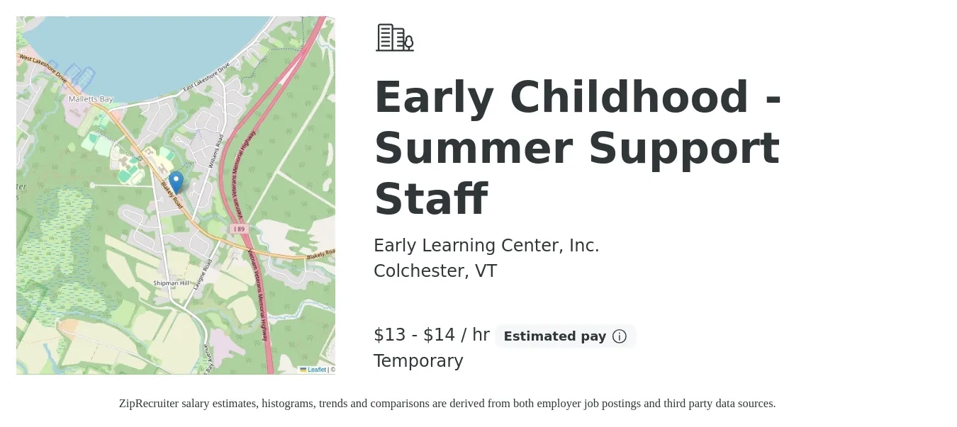 Early Learning Center, Inc. job posting for a Early Childhood - Summer Support Staff in Colchester, VT with a salary of $14 to $15 Hourly with a map of Colchester location.