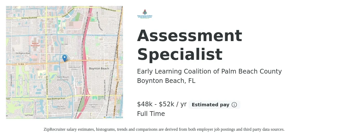 Early Learning Coalition of Palm Beach County job posting for a Assessment Specialist in Boynton Beach, FL with a salary of $48,000 to $52,000 Yearly with a map of Boynton Beach location.