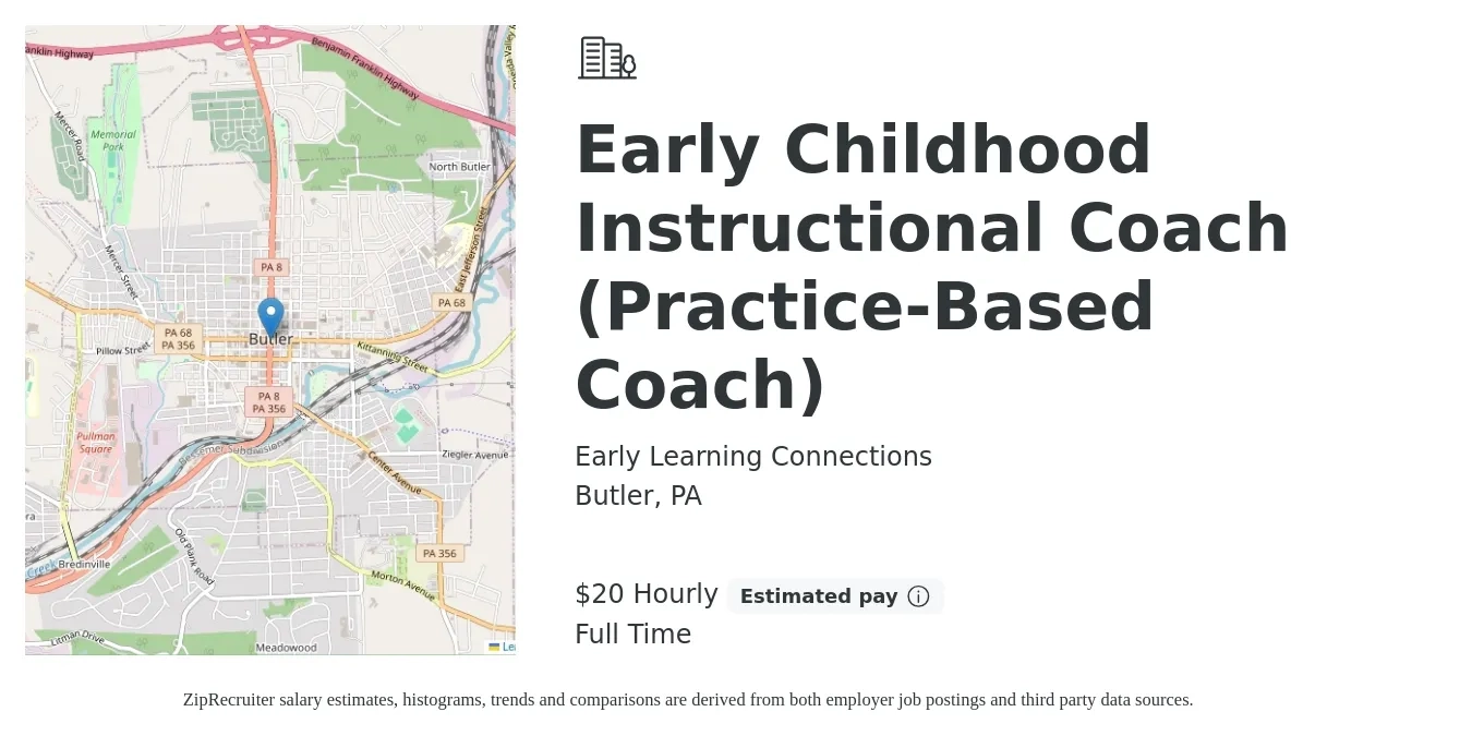 Early Learning Connections job posting for a Early Childhood Instructional Coach (Practice-Based Coach) in Butler, PA with a salary of $22 Hourly with a map of Butler location.