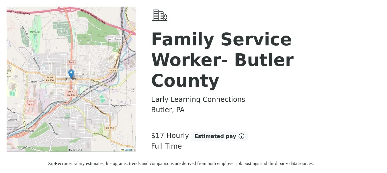 Early Learning Connections job posting for a Family Service Worker- Butler County in Butler, PA with a salary of $18 Hourly with a map of Butler location.