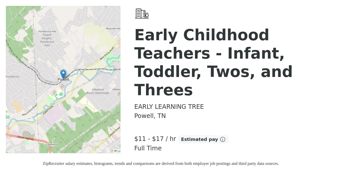 EARLY LEARNING TREE job posting for a Early Childhood Teachers - Infant, Toddler, Twos, and Threes in Powell, TN with a salary of $12 to $18 Hourly with a map of Powell location.