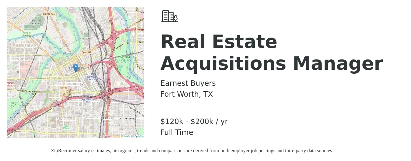 Earnest Buyers job posting for a Real Estate Acquisitions Manager in Fort Worth, TX with a salary of $120,000 to $200,000 Yearly with a map of Fort Worth location.