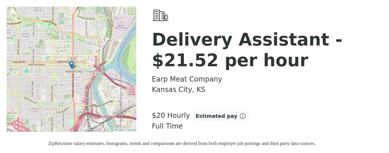 Earp Meat Company job posting for a Delivery Assistant - $21.52 per hour in Kansas City, KS with a salary of $22 Hourly with a map of Kansas City location.