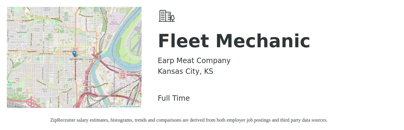 Earp Meat Company job posting for a Fleet Mechanic in Kansas City, KS with a salary of $24 to $30 Hourly with a map of Kansas City location.