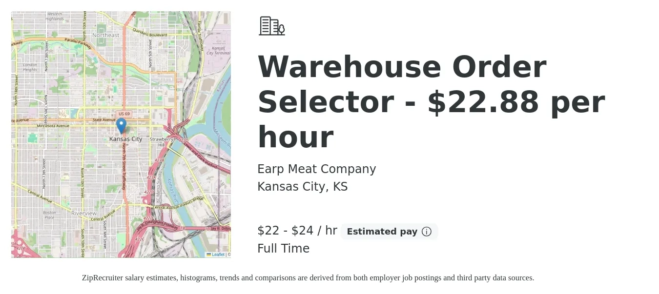 Earp Meat Company job posting for a Warehouse Order Selector - $22.88 per hour in Kansas City, KS with a salary of $23 to $26 Hourly with a map of Kansas City location.