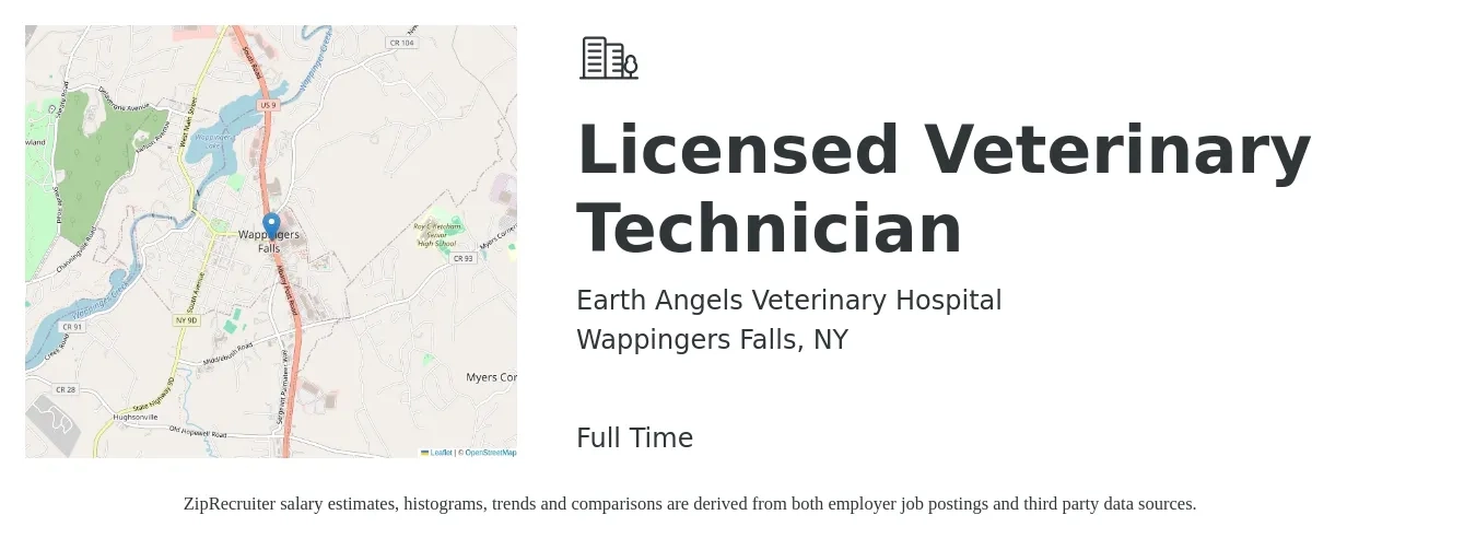 Earth Angels Veterinary Hospital job posting for a Licensed Veterinary Technician in Wappingers Falls, NY with a salary of $18 to $26 Hourly with a map of Wappingers Falls location.