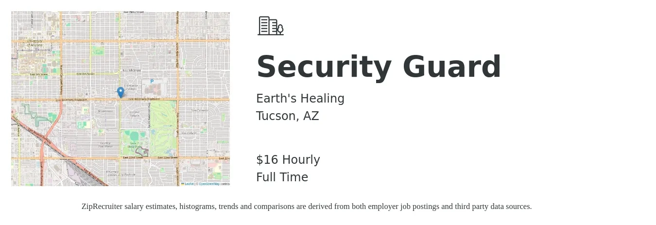 Earth's Healing job posting for a Security Guard in Tucson, AZ with a salary of $17 Hourly with a map of Tucson location.