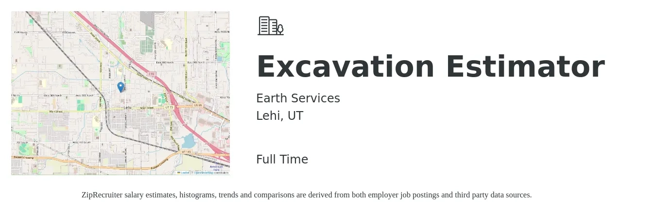 Earth Services job posting for a Excavation Estimator in Lehi, UT with a salary of $58,200 to $92,900 Yearly with a map of Lehi location.