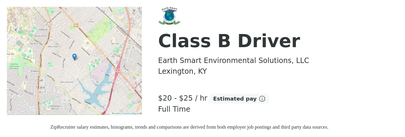 Earth Smart Environmental Solutions, LLC job posting for a Class B Driver in Lexington, KY with a salary of $21 to $26 Hourly and benefits including retirement with a map of Lexington location.