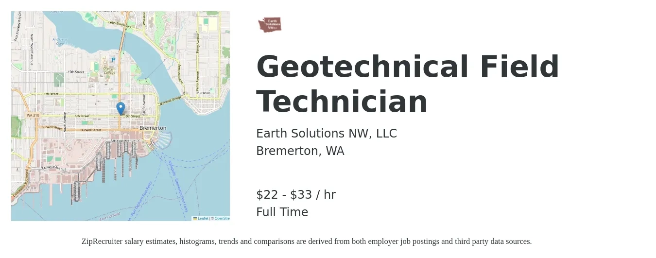 Earth Solutions NW, LLC job posting for a Geotechnical Field Technician in Bremerton, WA with a salary of $23 to $35 Hourly with a map of Bremerton location.