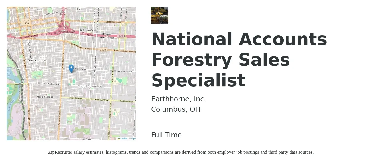Earthborne, Inc. job posting for a National Accounts Forestry Sales Specialist in Columbus, OH with a salary of $18 to $25 Hourly with a map of Columbus location.