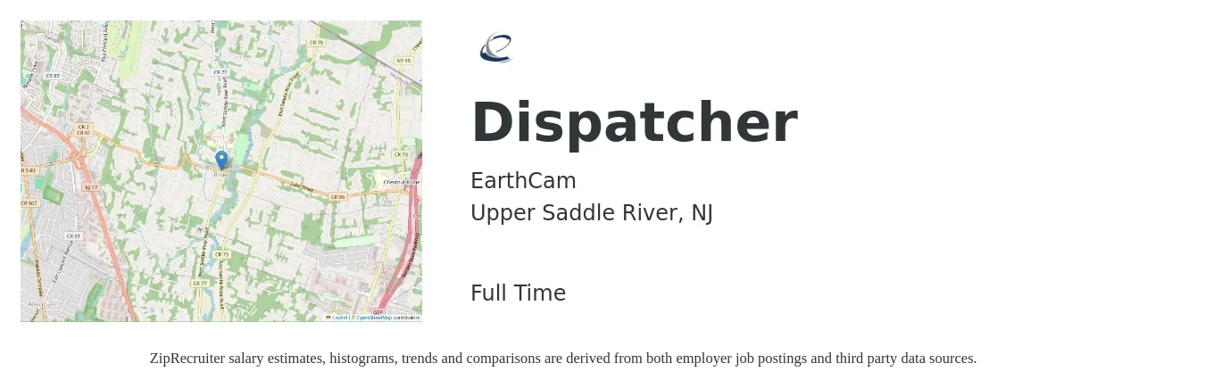 EarthCam job posting for a Dispatcher in Upper Saddle River, NJ with a salary of $18 to $25 Hourly with a map of Upper Saddle River location.