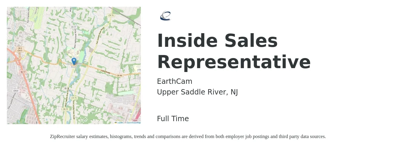 EarthCam job posting for a Inside Sales Representative in Upper Saddle River, NJ with a salary of $39,800 to $59,500 Yearly with a map of Upper Saddle River location.