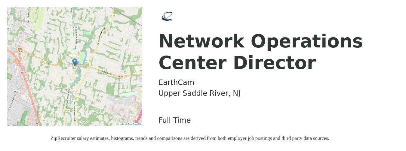 EarthCam job posting for a Network Operations Center Director in Upper Saddle River, NJ with a salary of $76,100 to $136,600 Yearly with a map of Upper Saddle River location.