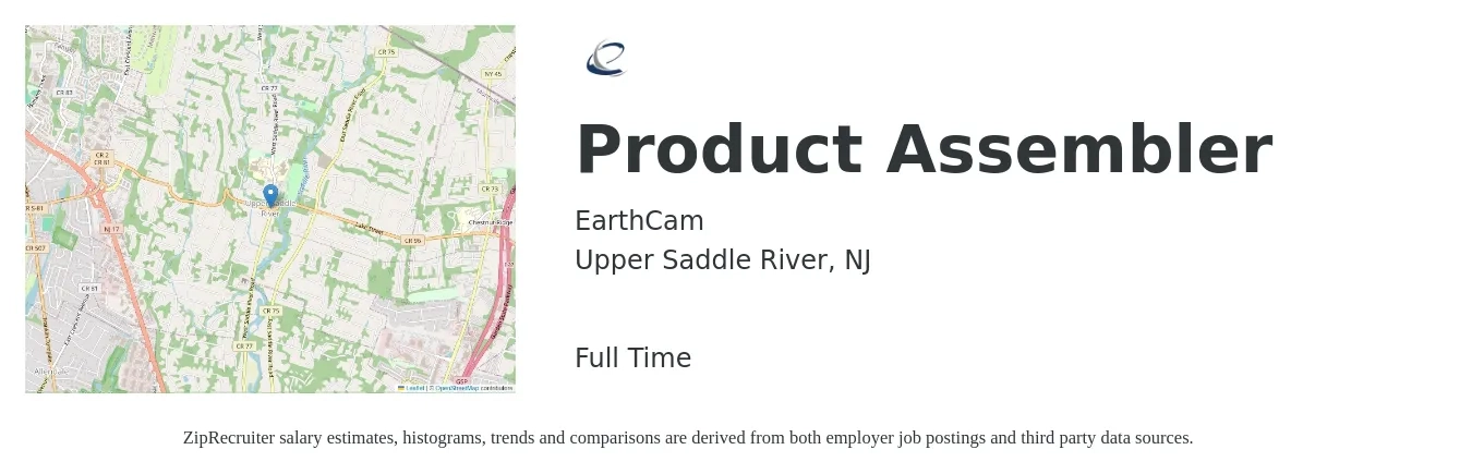 EarthCam job posting for a Product Assembler in Upper Saddle River, NJ with a salary of $16 to $20 Hourly with a map of Upper Saddle River location.