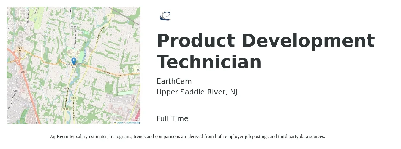 EarthCam job posting for a Product Development Technician in Upper Saddle River, NJ with a salary of $20 to $30 Hourly with a map of Upper Saddle River location.