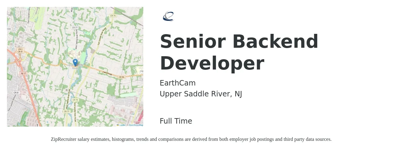 EarthCam job posting for a Senior Backend Developer in Upper Saddle River, NJ with a salary of $121,500 to $157,800 Yearly with a map of Upper Saddle River location.