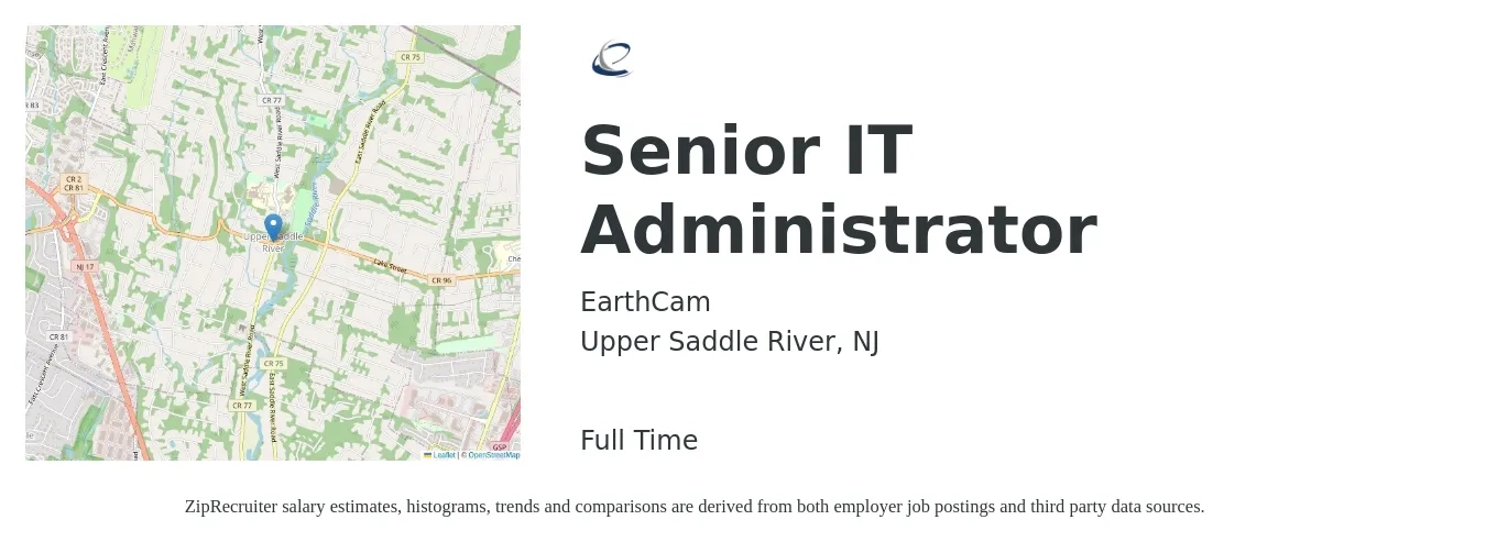 EarthCam job posting for a Senior IT Administrator in Upper Saddle River, NJ with a salary of $81,200 to $113,400 Yearly with a map of Upper Saddle River location.