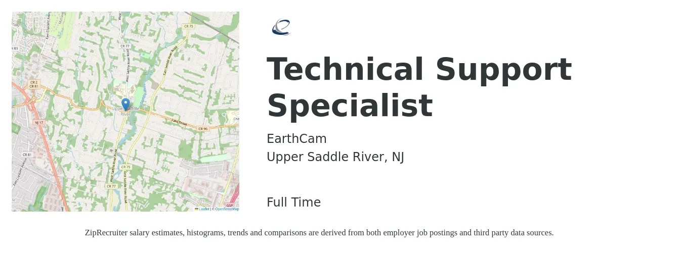 EarthCam job posting for a Technical Support Specialist in Upper Saddle River, NJ with a salary of $21 to $32 Hourly with a map of Upper Saddle River location.