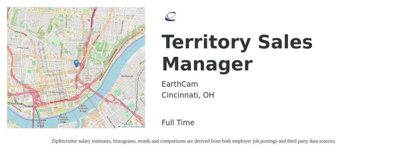 EarthCam job posting for a Territory Sales Manager in Cincinnati, OH with a salary of $61,900 to $95,000 Yearly with a map of Cincinnati location.