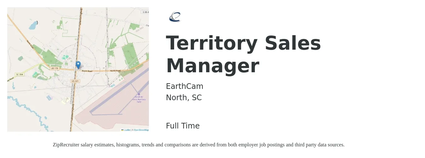 EarthCam job posting for a Territory Sales Manager in North, SC with a salary of $59,900 to $91,900 Yearly with a map of North location.