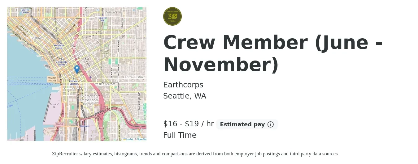 Earthcorps job posting for a Crew Member (June - November) in Seattle, WA with a salary of $17 to $20 Hourly with a map of Seattle location.