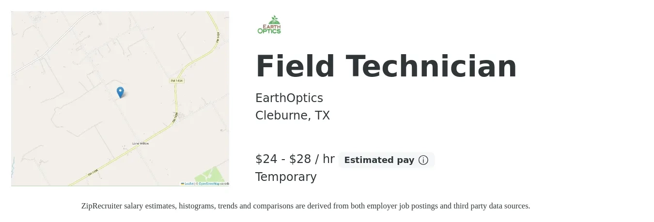 EarthOptics job posting for a Field Technician in Cleburne, TX with a salary of $100,000 Yearly with a map of Cleburne location.