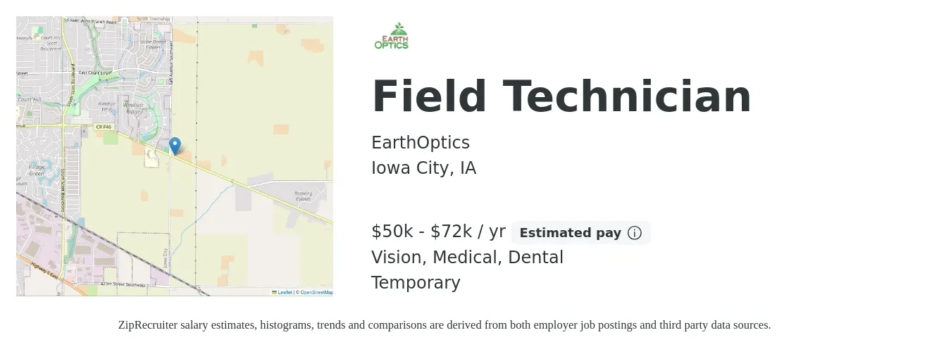 EarthOptics job posting for a Field Technician in Iowa City, IA with a salary of $50,000 to $72,000 Yearly and benefits including pto, retirement, vision, dental, life_insurance, and medical with a map of Iowa City location.