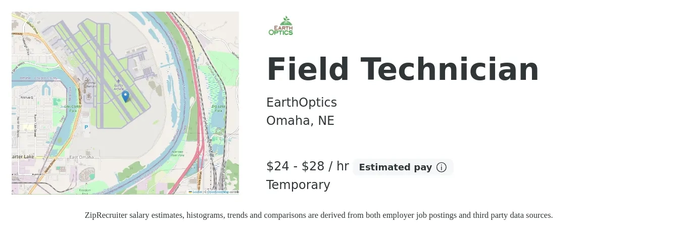 EarthOptics job posting for a Field Technician in Omaha, NE with a salary of $50,000 to $72,000 Yearly and benefits including dental, life_insurance, medical, pto, retirement, and vision with a map of Omaha location.