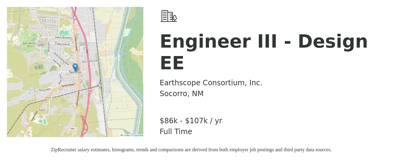 Earthscope Consortium, Inc. job posting for a Engineer III - Design EE in Socorro, NM with a salary of $86,400 to $107,900 Yearly with a map of Socorro location.