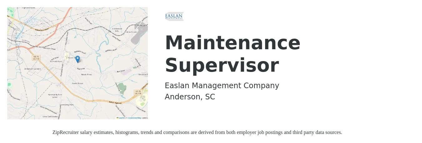 Easlan Management Company job posting for a Maintenance Supervisor in Anderson, SC with a salary of $22 to $36 Hourly with a map of Anderson location.