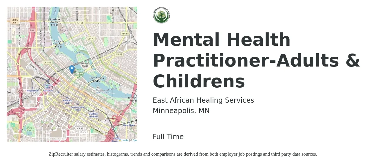 East African Healing Services job posting for a Mental Health Practitioner-Adults & Childrens in Minneapolis, MN with a salary of $22 to $34 Hourly with a map of Minneapolis location.