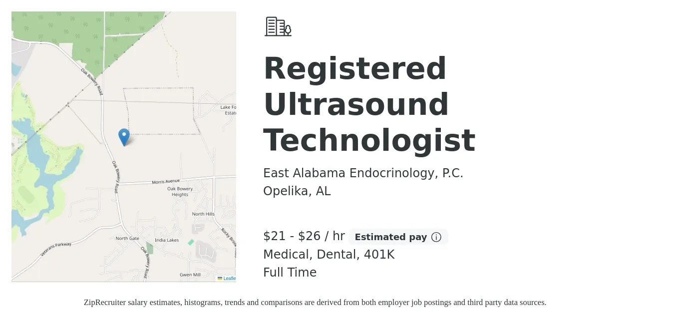 East Alabama Endocrinology, P.C. job posting for a Registered Ultrasound Technologist in Opelika, AL with a salary of $22 to $28 Hourly and benefits including medical, 401k, and dental with a map of Opelika location.