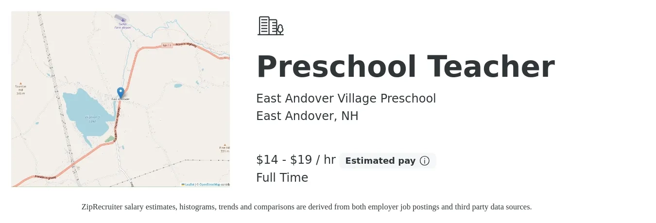 East Andover Village Preschool job posting for a Preschool Teacher in East Andover, NH with a salary of $15 to $20 Hourly with a map of East Andover location.