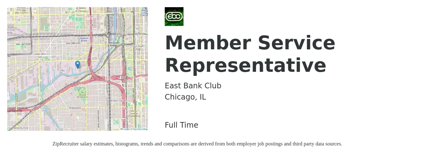 East Bank Club job posting for a Member Service Representative in Chicago, IL with a salary of $13 to $20 Hourly with a map of Chicago location.