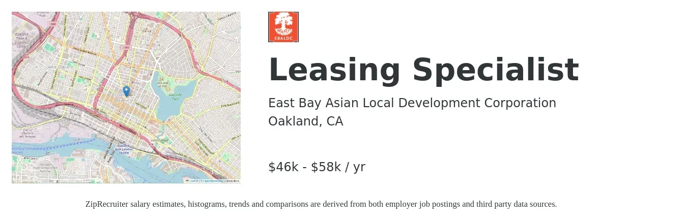 East Bay Asian Local Development Corporation job posting for a Leasing Specialist in Oakland, CA with a salary of $46,800 to $58,639 Yearly with a map of Oakland location.