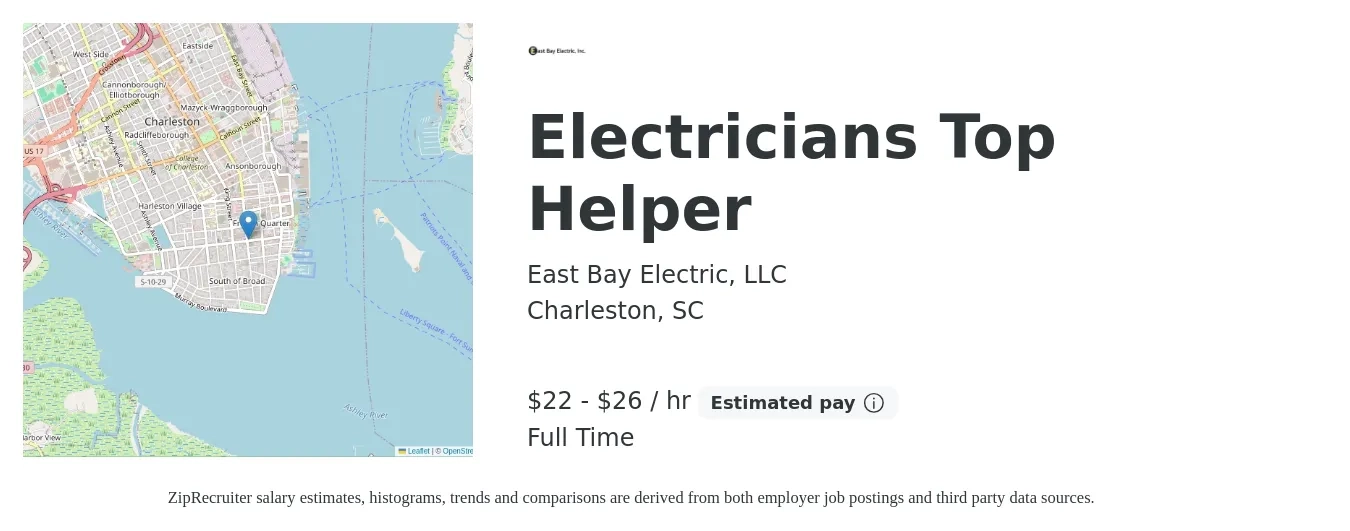 East Bay Electric, LLC job posting for a Electricians Top Helper in Charleston, SC with a salary of $23 to $28 Hourly with a map of Charleston location.