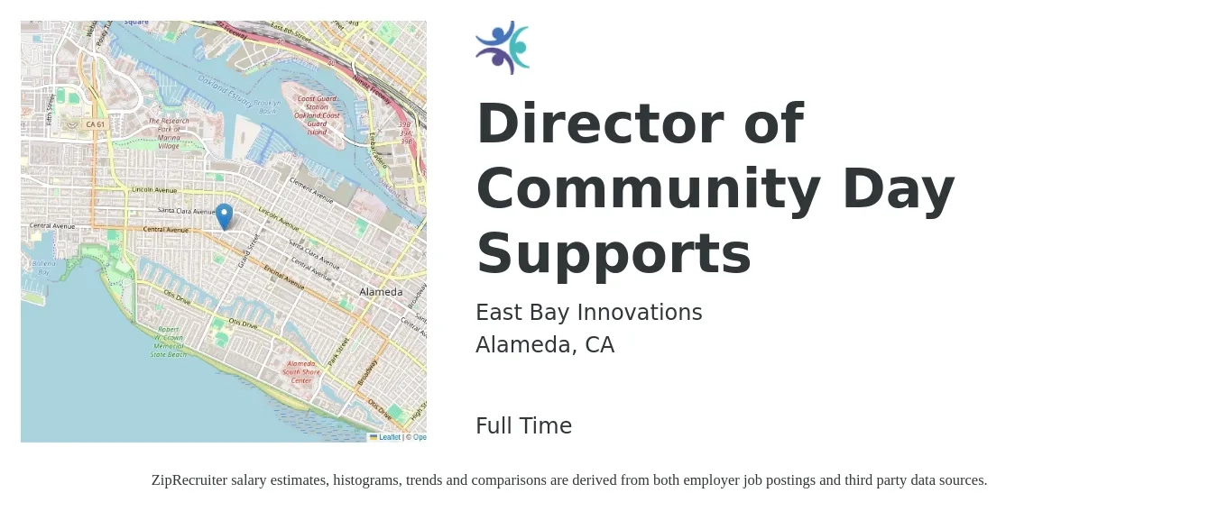 East Bay Innovations job posting for a Director of Community Day Supports in Alameda, CA with a salary of $70,000 to $80,000 Yearly with a map of Alameda location.