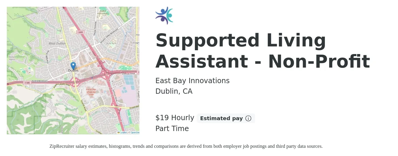 East Bay Innovations job posting for a Supported Living Assistant - Non-Profit in Dublin, CA with a salary of $20 Hourly with a map of Dublin location.