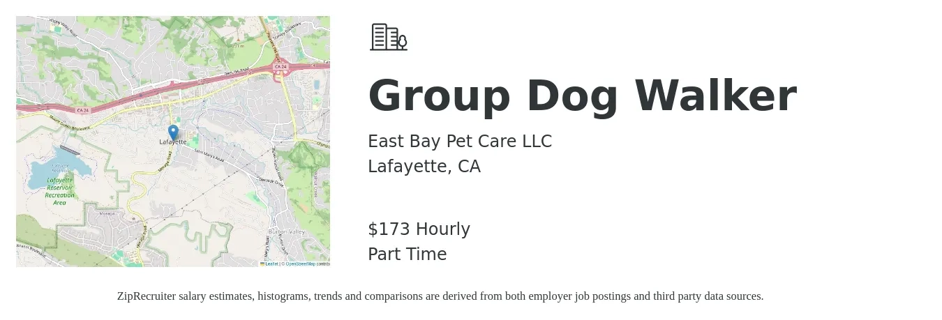 East Bay Pet Care LLC job posting for a Group Dog Walker in Lafayette, CA with a salary of $18 to $25 Hourly with a map of Lafayette location.