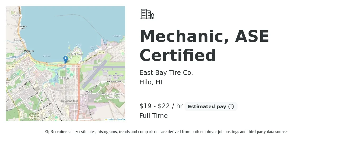 East Bay Tire Co. job posting for a Mechanic, ASE Certified in Hilo, HI with a salary of $20 to $23 Hourly with a map of Hilo location.